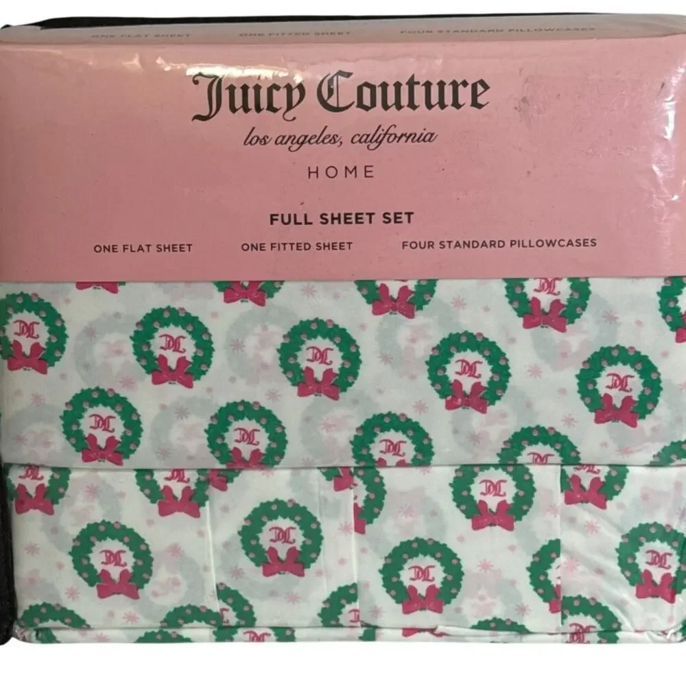NIP Juicy‎ Couture Home Full Christmas Sheet Set Wreath Print